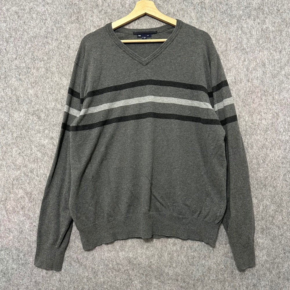 Vintage Gap Mens V Neck Sweater XXL Gray‎ Striped Long Sleeve Casual Pullover